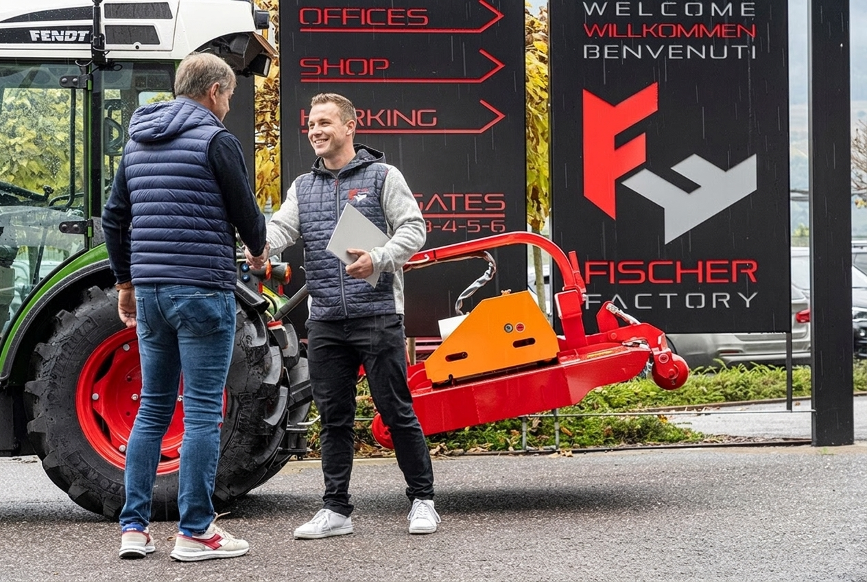 Fischer Factory dealer greeting customer with tractor and mulcher