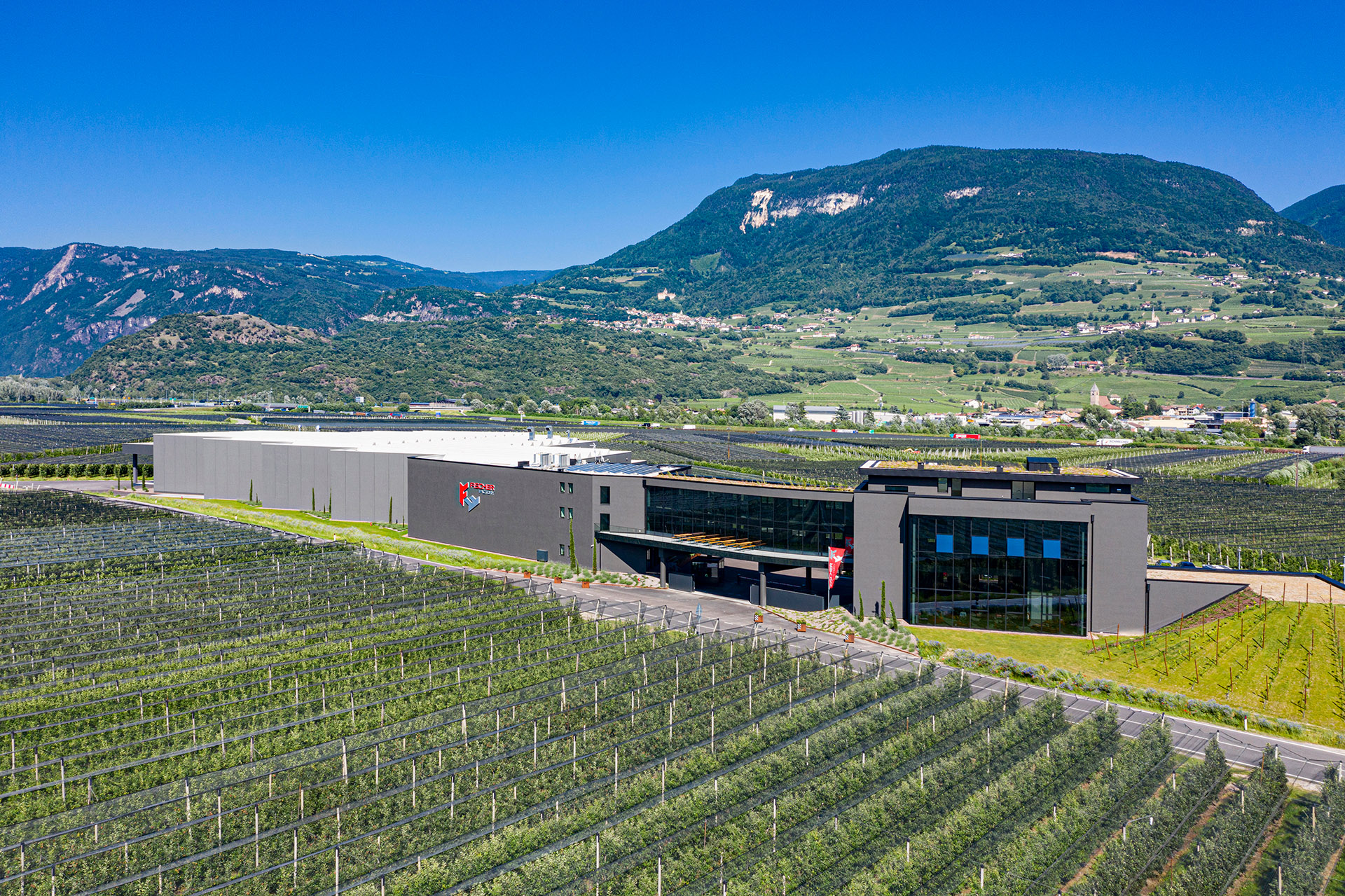 Fischer Factory headquarters surrounded by South Tyrolean orchards