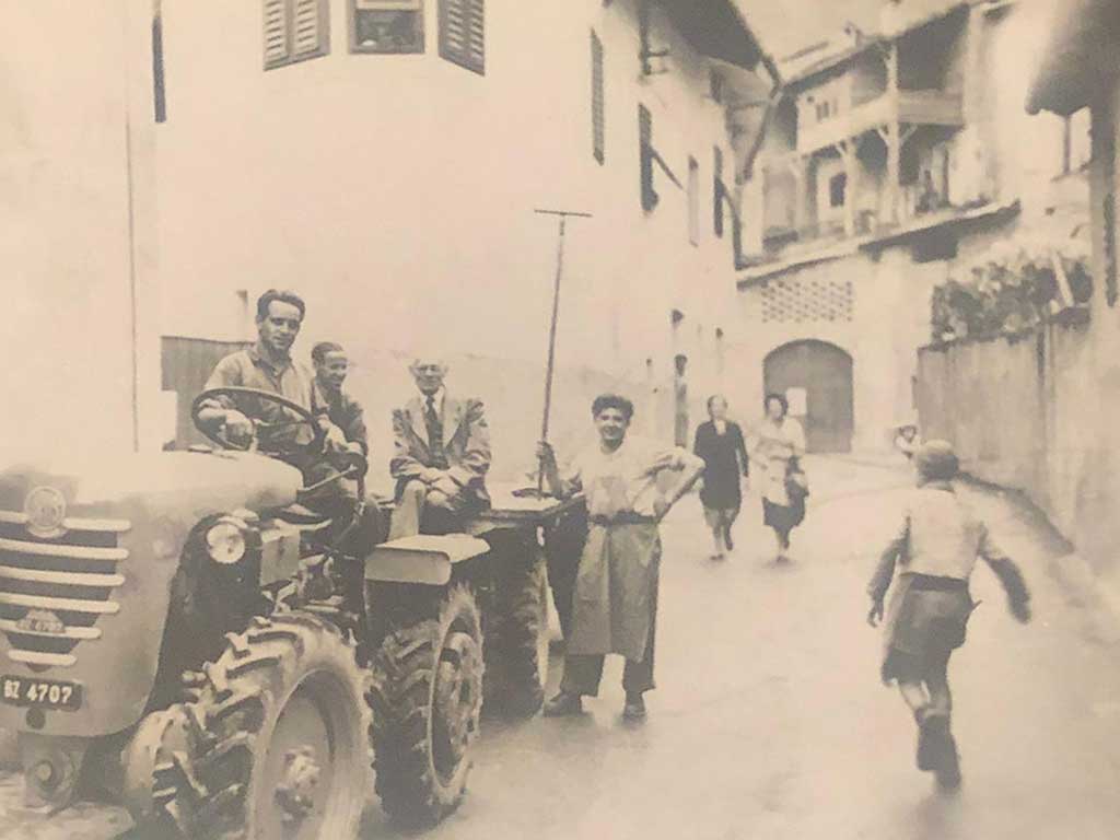Franz Fischer with his first tractor in Termeno, 1956